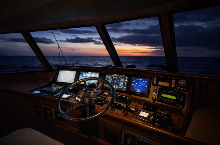Helm at dusk aboard Joker’s Wild